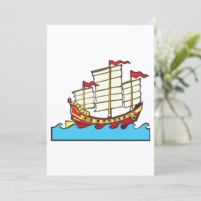 Traditional Red Chinese Junk Ship on Blue Waves Invitation (Creator Uploaded)