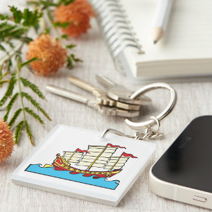 Traditional Red Chinese Junk Ship on Blue Waves Keychain