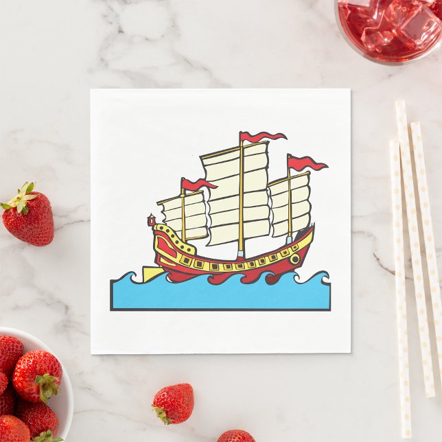Traditional Red Chinese Junk Ship on Blue Waves Napkins (Creator Uploaded)