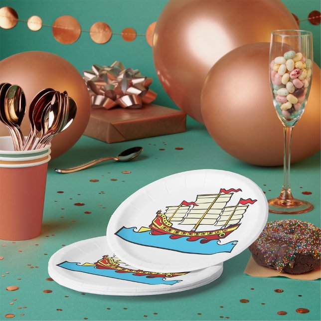Traditional Red Chinese Junk Ship on Blue Waves Paper Plates (Creator Uploaded)