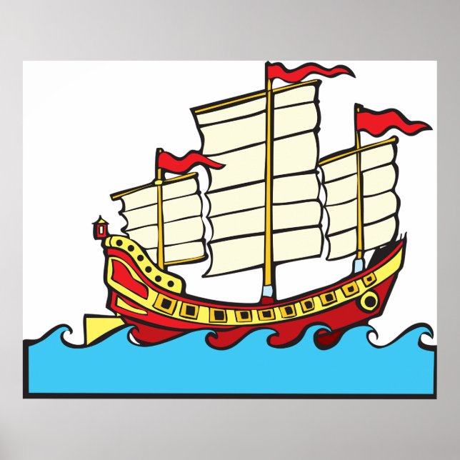 Traditional Red Chinese Junk Ship on Blue Waves Poster (Front)