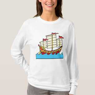 Traditional Red Chinese Junk Ship on Blue Waves T-Shirt