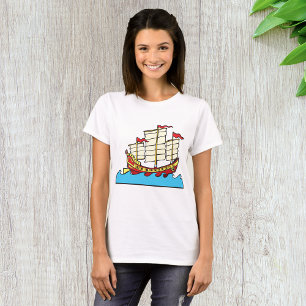 Traditional Red Chinese Junk Ship on Blue Waves T-Shirt