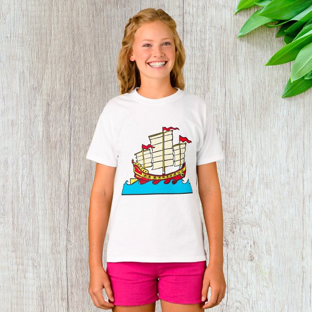 Traditional Red Chinese Junk Ship on Blue Waves T-Shirt (Creator Uploaded)