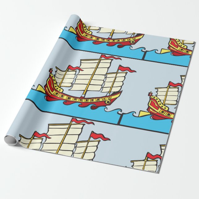 Traditional Red Chinese Junk Ship on Blue Waves Wrapping Paper (Unrolled)
