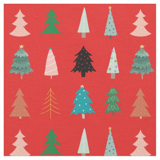 Traditional red Christmas pattern green trees pink Fabric