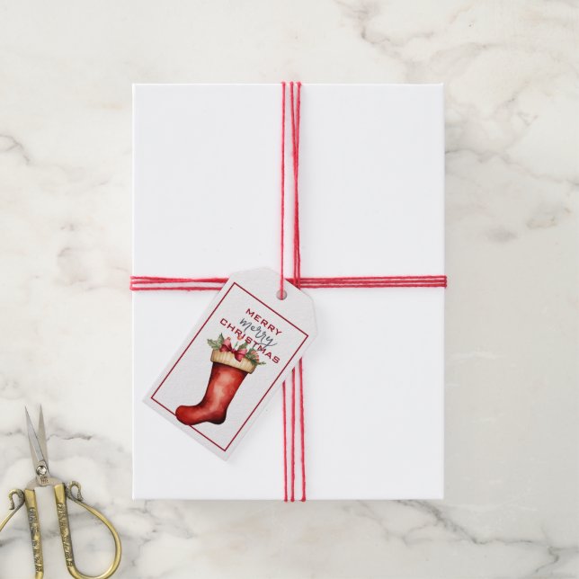 TRADITIONAL RED  CHRISTMAS STOCKING  GIFT TAGS (With Twine)