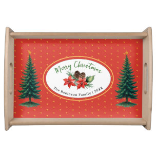 Traditional Red Christmas Tree Poinsettia Family Serving Tray