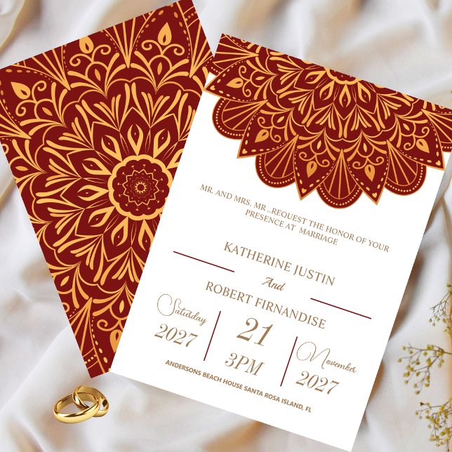 Traditional RED GOLD Bronze Mandala Indian Wedding Invitation (Creator Uploaded)
