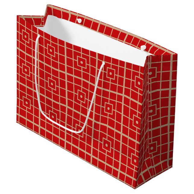 Traditional Red & Gold Chinese Geometric Pattern Large Gift Bag (Front Angled)