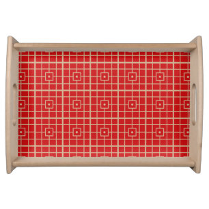 Traditional Red & Gold Chinese Geometric Pattern Serving Tray