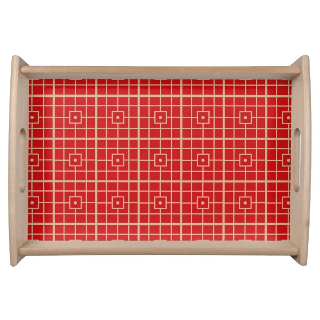 Traditional Red & Gold Chinese Geometric Pattern Serving Tray (Front)
