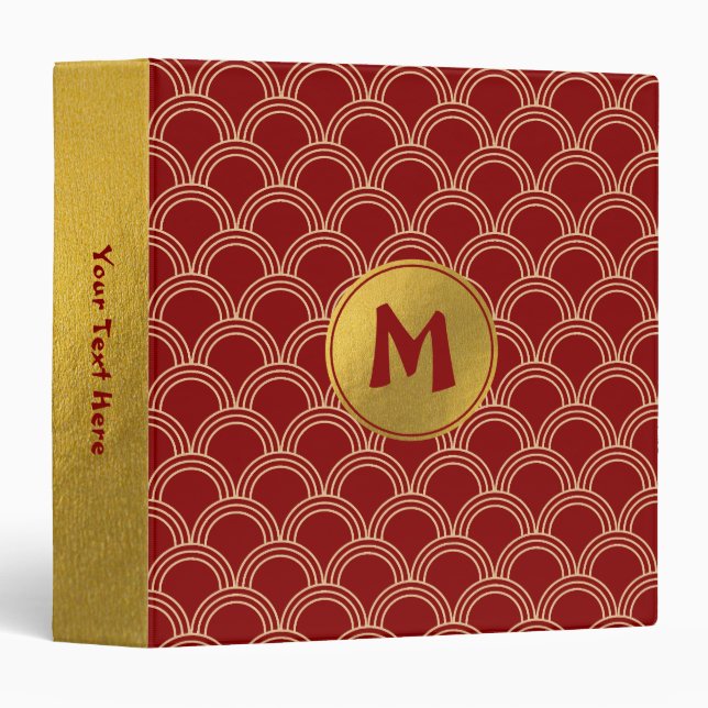 Traditional Red & Gold Chinese Pattern Monogram 3 Ring Binder (Front/Spine)