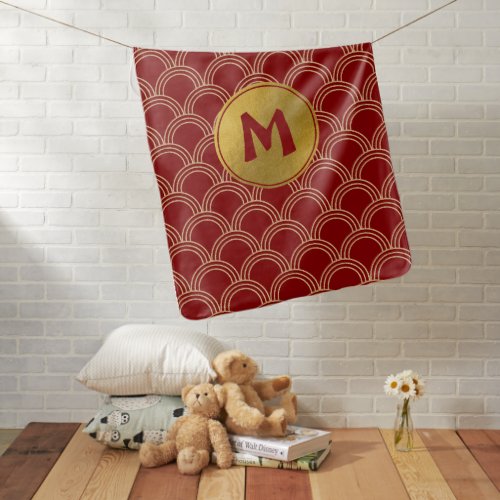 Traditional Red  Gold Chinese Pattern Monogram Baby Blanket