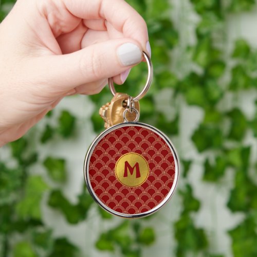 Traditional Red  Gold Chinese Pattern Monogram Keychain