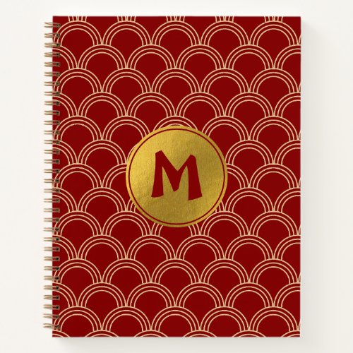 Traditional Red  Gold Chinese Pattern Monogram Notebook