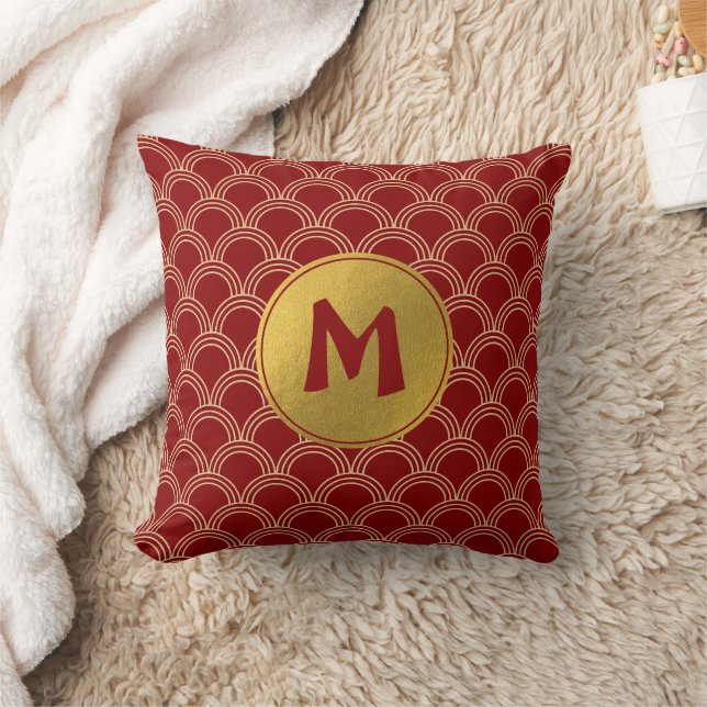 Traditional Red & Gold Chinese Pattern Monogram Throw Pillow (Blanket)