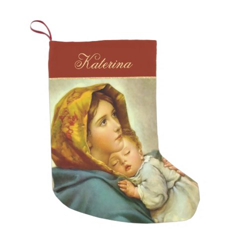 Traditional Red  Gold Madonna and Child Religious Small Christmas Stocking
