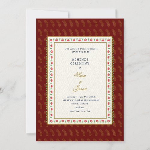 Traditional Red  Gold  Mehendi Ceremony Indian  Invitation