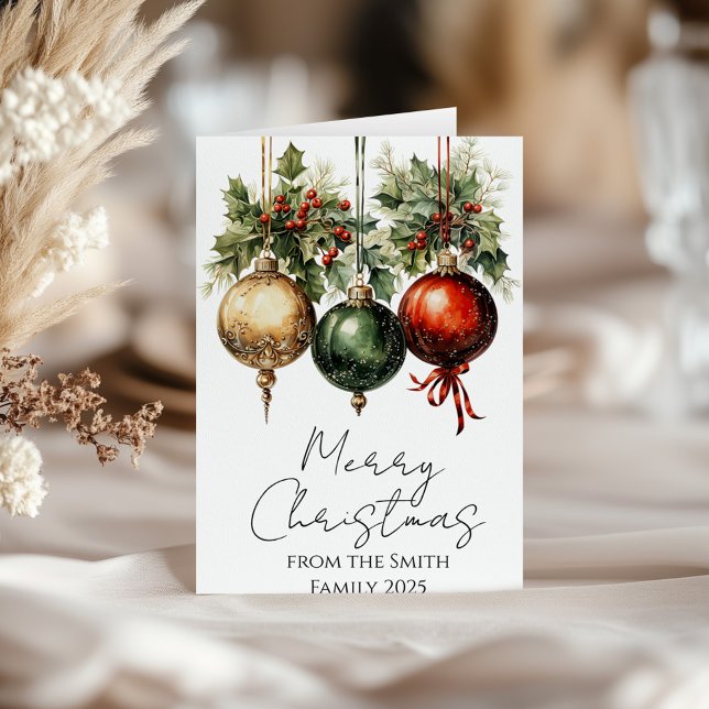 Traditional Red Green Gold Bauble Holly Christmas Card (Creator Uploaded)