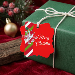 Traditional Red Green Stripe Snowflake Holiday Favor Tags