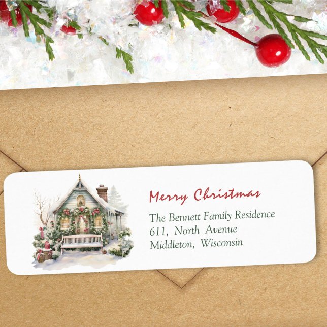 Traditional Red Green Watercolor Christmas Home Label (Creator Uploaded)