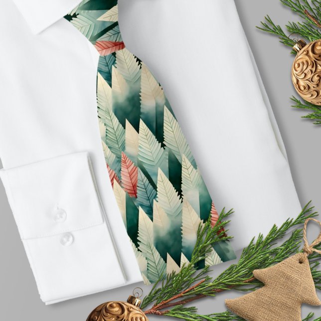 Traditional Red Green Watercolor Christmas Tree Neck Tie (Traditional Red and Green Watercolor Christmas Tree Necktie)
