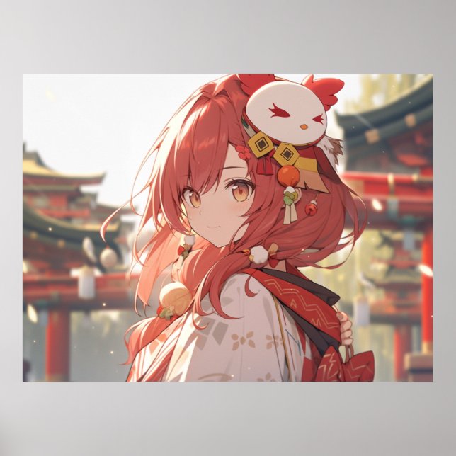 Traditional red haired anime girl at temple poster (Front)