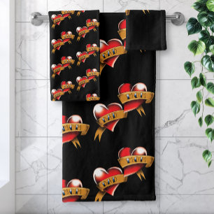 Traditional Red Heart Mom Dad Banner Tattoo Design Bath Towel Set