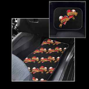 Traditional Red Heart Mom Dad Banner Tattoo Design Car Floor Mat