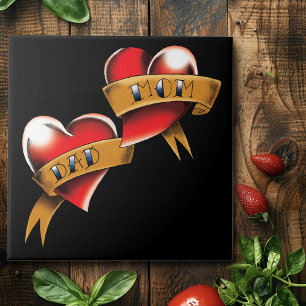 Traditional Red Heart Mom Dad Banner Tattoo Design Ceramic Tile