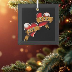 Traditional Red Heart Mom Dad Banner Tattoo Design Glass Ornament