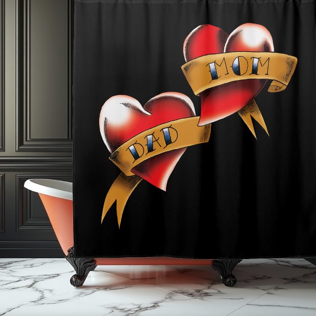 Traditional Red Heart Mom Dad Banner Tattoo Design Shower Curtain (Creator Uploaded)