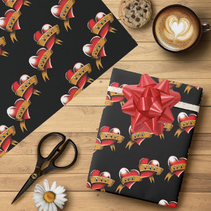 Traditional Red Heart Mom Dad Banner Tattoo Design Wrapping Paper