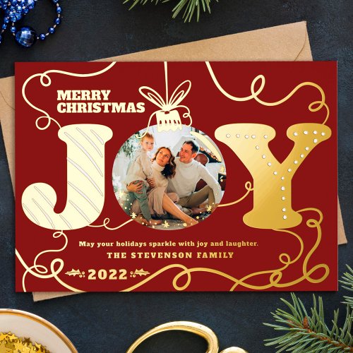 Traditional red Joy photo Christmas tinsels Foil Holiday Card