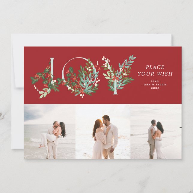 Traditional Red Leafy Botanical JOY Collage Photo Holiday Card (Front)
