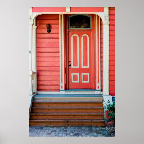 Traditional red painted wooden door and porchdoor poster