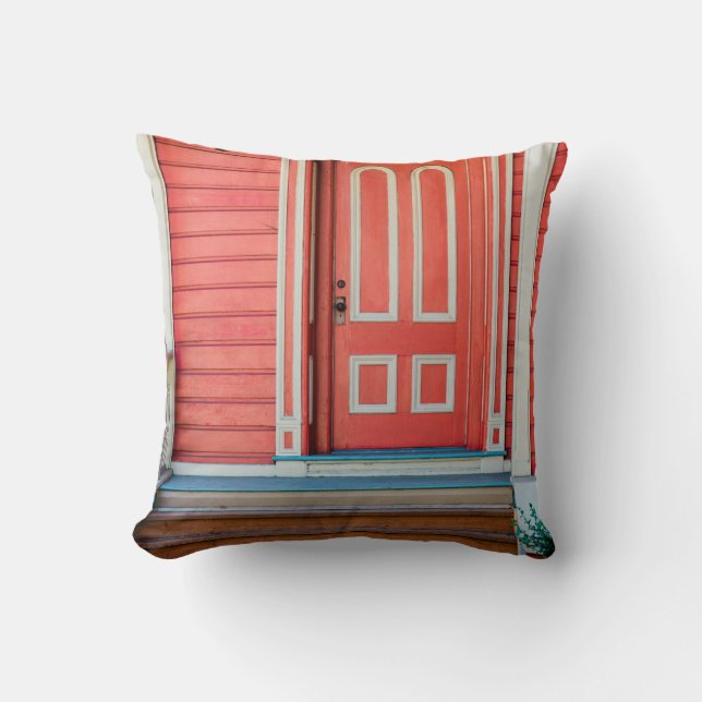 Traditional red painted wooden door and porchdoor, throw pillow (Front)