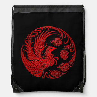 Traditional Red Phoenix Circle on Black Drawstring Bag