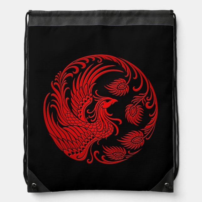 Traditional Red Phoenix Circle on Black Drawstring Bag (Front)