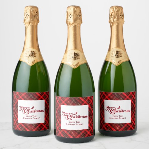 Traditional Red Plaid Custom Merry Christmas Party Sparkling Wine Label