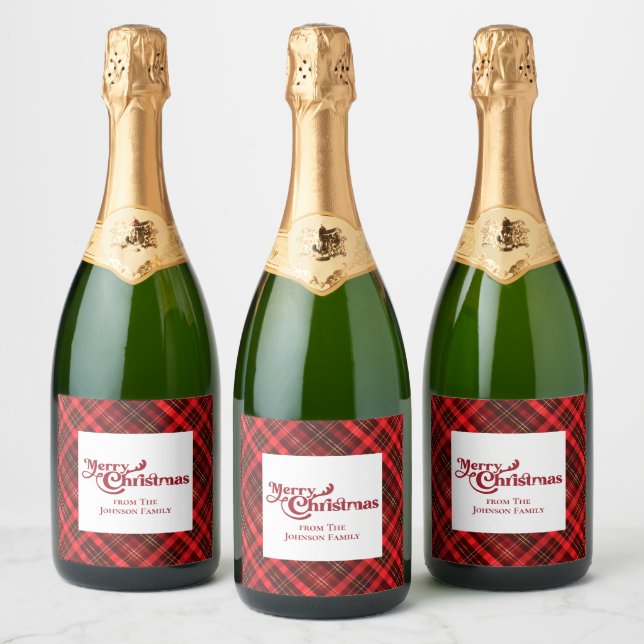 Traditional Red Plaid Custom Merry Christmas Party Sparkling Wine Label (Bottles)