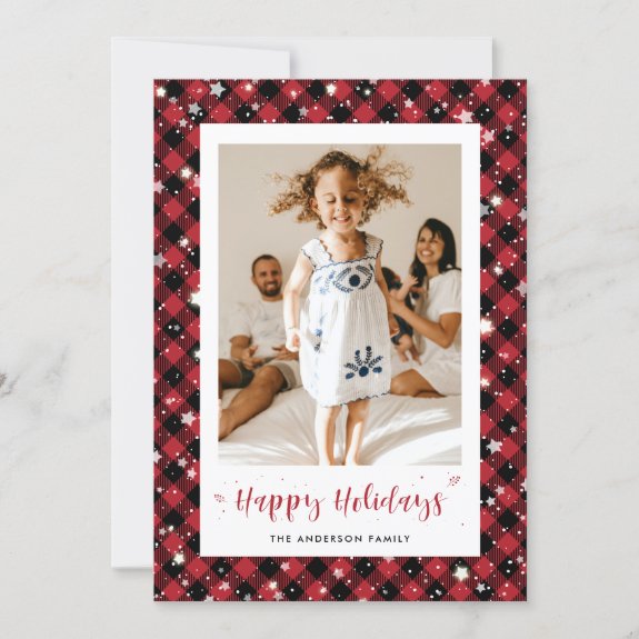 Traditional Red Plaid Photo Happy Holidays Card