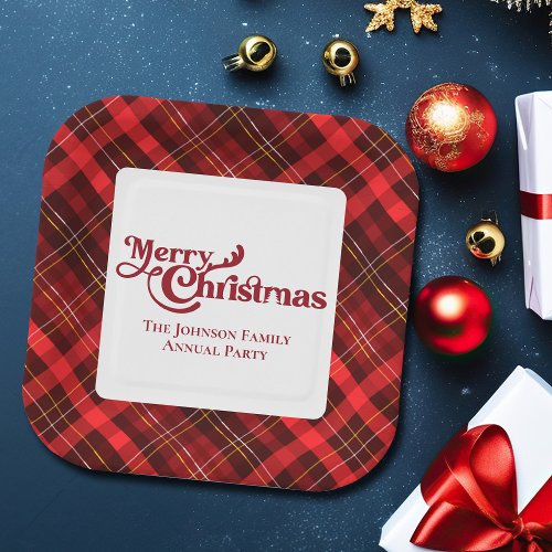 Traditional Red Plaid Square Christmas Party Paper Plates