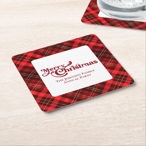 Traditional Red Plaid Square Christmas Party Square Paper Coaster