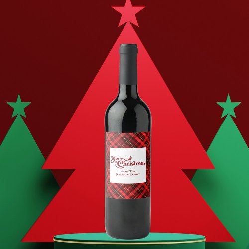Traditional Red Plaid Tartan Merry Christmas Party Wine Label