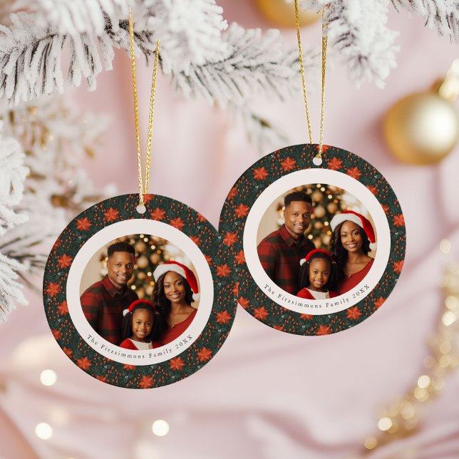 Traditional Red Poinsettia 2 Sided Photo Christmas Ceramic Ornament (Poinsettia Season Double Sided Photo Christmas Ornament forest green)