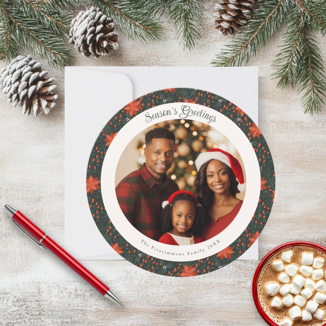 Traditional Red Poinsettia Christmas Photo Card (Poinsettia Season Circle Photo Christmas Card forest green)