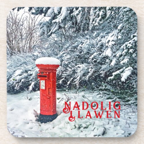 Traditional Red Postal Box and Snow on Trees Beverage Coaster