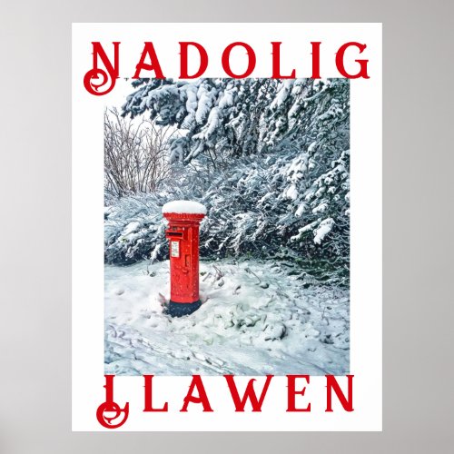 Traditional Red Postal Box and Snow on Trees Poster